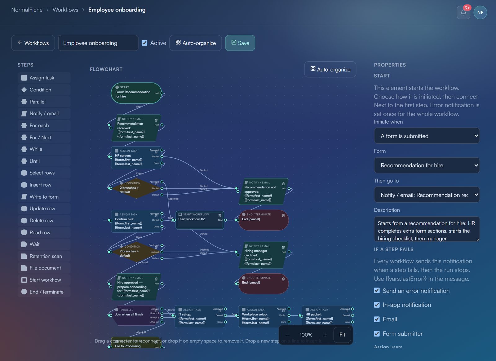 NormalFiche workflow canvas